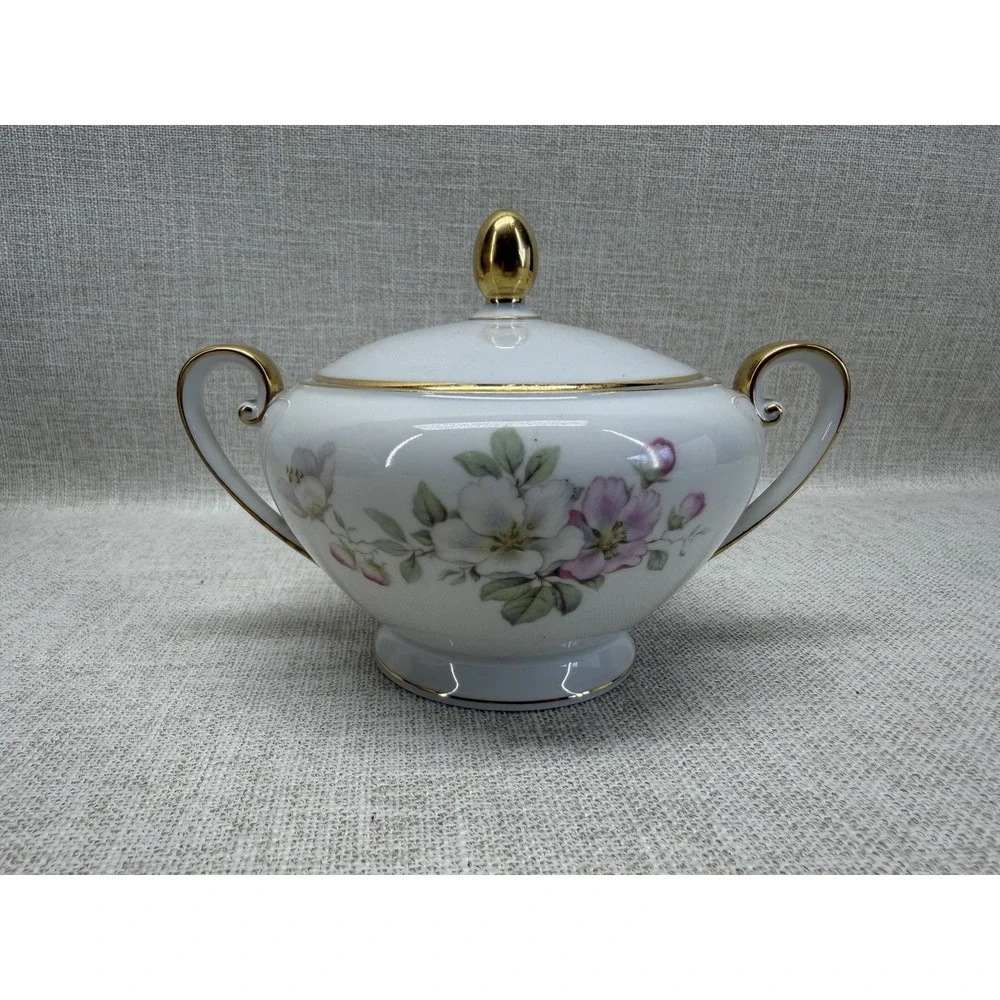 Tirschenreuth Bavaria Germany Floral Porcelain Sugar Bowl‎ w Lid Gold Trim